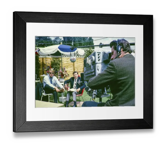 Framed Print : ATV Television ITV outside broadcast, tennis tournament at Wimbledon, England, UK 1967 Dickie Davies with Australian tennis player Lew Hoad cameraman Jeff Joyce. Photo by Alan Taffy Harries Framed Print : ATV Television ITV outside broadcast, tennis tournament at Wimbledon, England, UK 1967 Dickie Davies with Australian tennis player Lew Hoad cameraman Jeff Joyce. Photo by Alan Taffy Harries