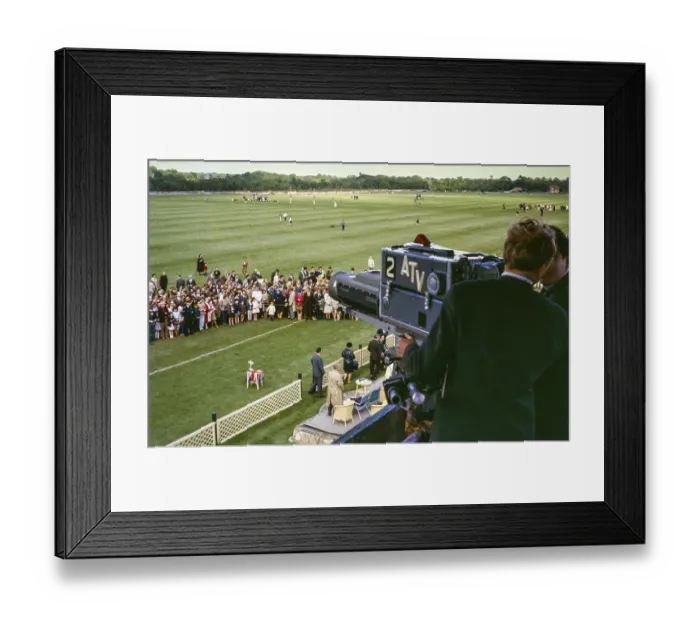Framed Print : ATV television ITV company outside broadcast camera and cameraman at polo ground sporting event, UK 1960s thought to be Smith's Lawn, Windsor Great Park Framed Print : ATV television ITV company outside broadcast camera and cameraman at polo ground sporting event, UK 1960s thought to be Smith's Lawn, Windsor Great Park
