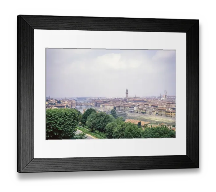 Framed Print : View over the city to the Ponte Vecchio bridge and the river Arno, Florence, Italy 1969