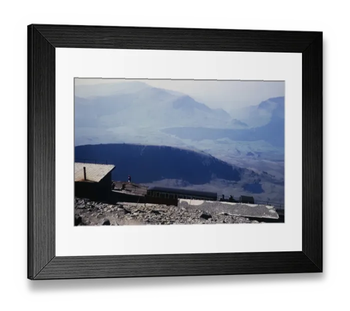 Framed Print : Train at the mountain railway summit station, Mount Snowdon, Snowdonia, North Wales, Great Britain 1966
