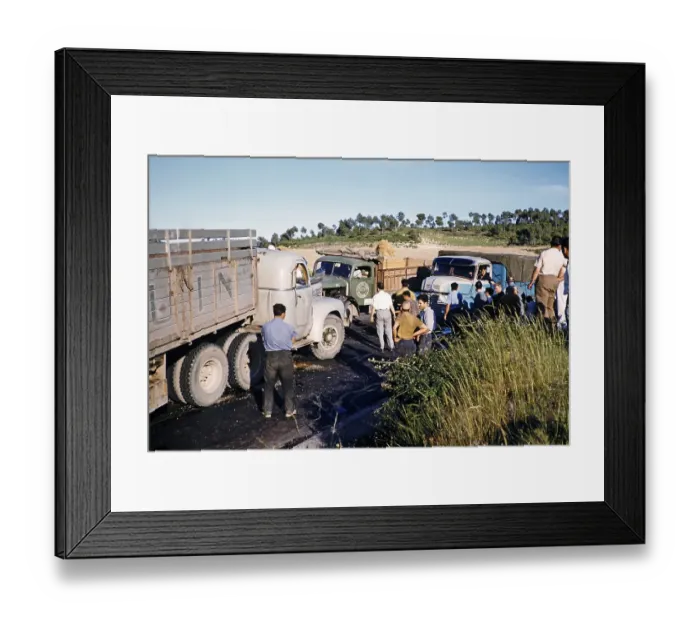 Framed Print : Men and trucks gather at site of road traffic accident, unspecified location, Spain, Europe Framed Print : Men and trucks gather at site of road traffic accident, unspecified location, Spain, Europe