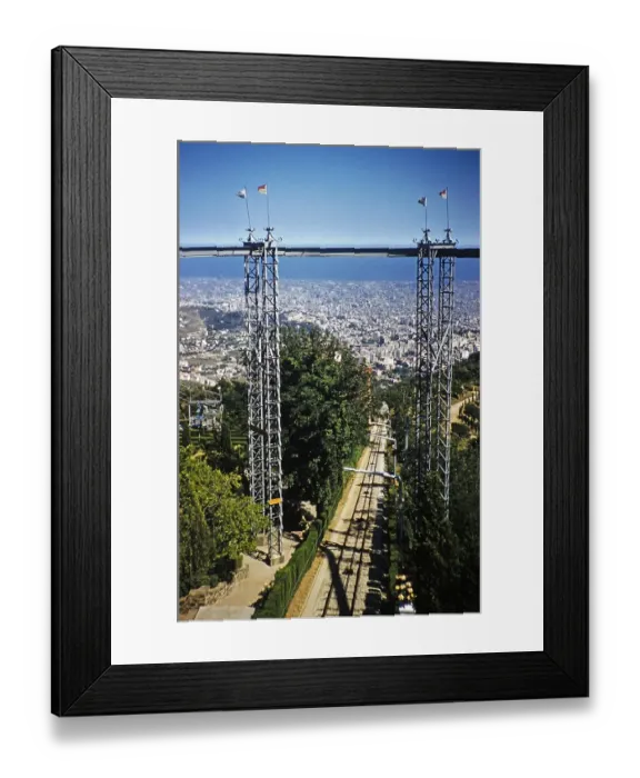 Framed Print : View over the city to the coast from the Tibidabo funicular railway, Barcelona, Catalonia, Spain July 1958
