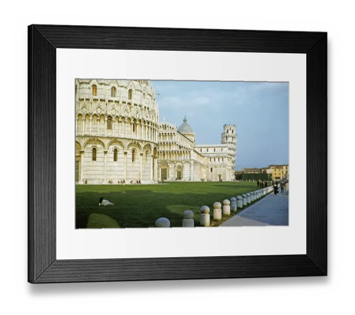 Framed Print : Leaning tower, campanile and cathedral church, Romanesque architecture, Piazza del Duomo, Pisa, Italy, 1959, Europe