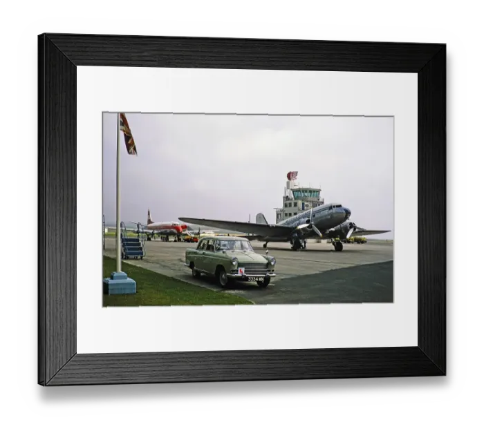 Framed Print : Morris Oxford car, Douglas DC3 aeroplane from Strathair Airways, Vickers Viscount 701 aeroplane from Cambrian Airways, Ronaldsway Airport, Isle of Man, around 1965, Europe
