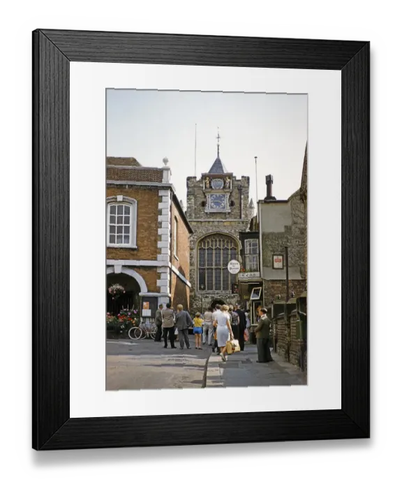 Framed Print : People in the street walking past the Simon the Pieman tea shop towards the parish church, Lion Street, Rye, Kent, England, United Kingdom, early 1960s, Europe