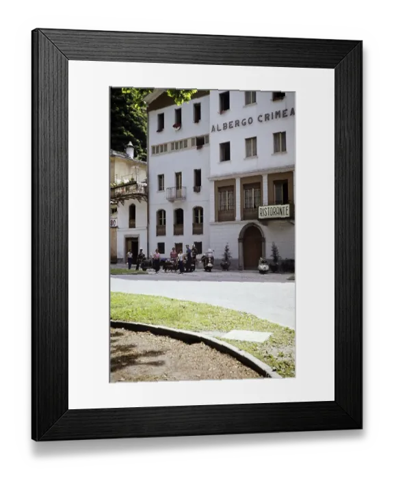Framed Print : The travelling group of the Bromley Scooter Club stands in front of the Hotel Albergo Crimea, Chiavenna, Lombardy, Italy, July 1959, Europe