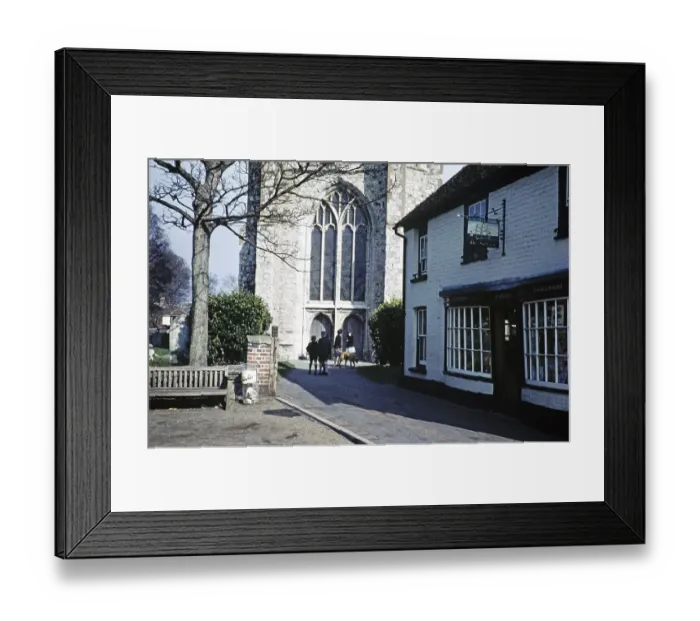 Framed Print : Church and newsagent, former pub The Galleon, Lydd, Kent, England, UK 1959