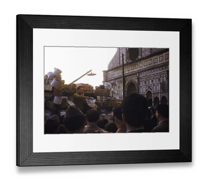 Framed Print : Market trader selling to a crowd on the street, next to the cathedral, Florence, Italy, 1957, Europe