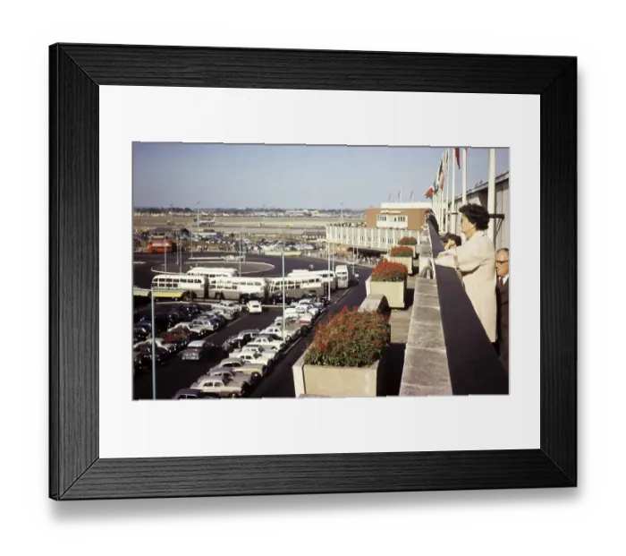 Framed Print : Vehicles in front of the Queens Building, Heathrow Airport, London, England, UK July 1959 View from the roof Framed Print : Vehicles in front of the Queens Building, Heathrow Airport, London, England, UK July 1959 View from the roof