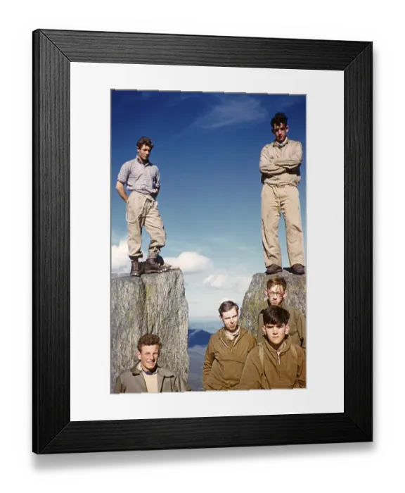 Framed Print : Group of young male climbers standing high on a rock, probably North Wales, United Kingdom, c. 1958, Europe