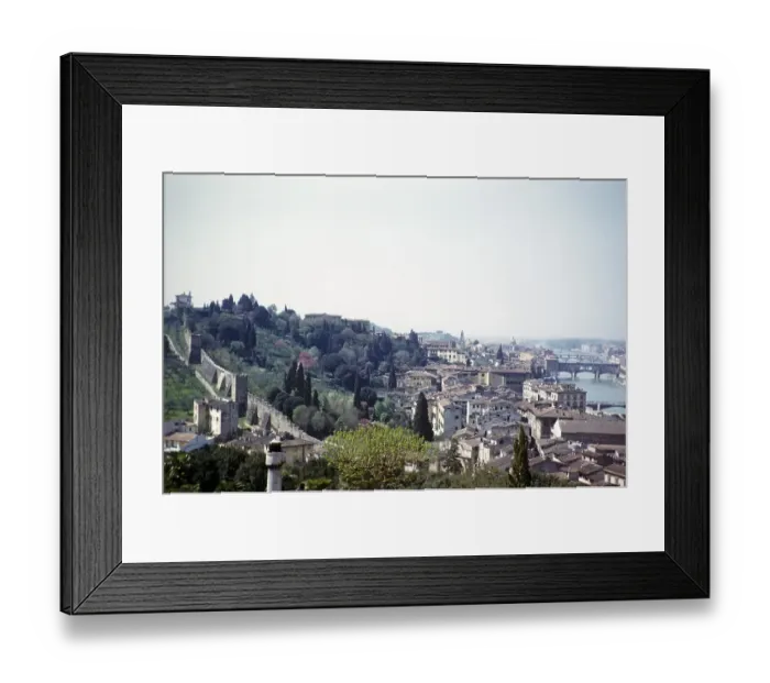 Framed Print : View over the medieval city wall with historic buildings and the Ponte Vecchio bridge over the river Arno, Florence, Tuscany, Italy 1957 Framed Print : View over the medieval city wall with historic buildings and the Ponte Vecchio bridge over the river Arno, Florence, Tuscany, Italy 1957