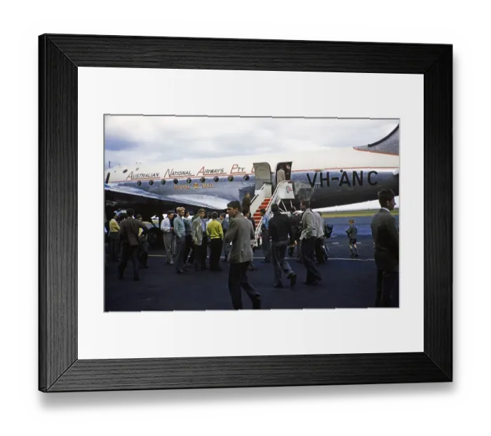 Framed Print : Australian National Airways VH ANC Douglas DC4 aircraft passengers boarding, Royal Mail emblem, Australia 1956 Melbourne Grammar School boys