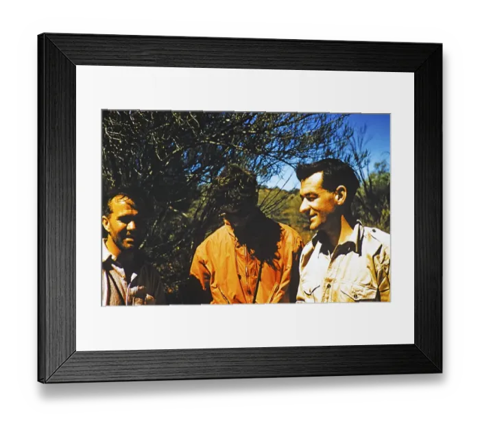 Framed Print : Curtin Springs? Expedition from Melbourne Grammar School, Northern Territory, Australia 1956 three men thought to be at Curtin Springs, possibly Len Tuit (right) ? Framed Print : Curtin Springs? Expedition from Melbourne Grammar School, Northern Territory, Australia 1956 three men thought to be at Curtin Springs, possibly Len Tuit (right) ?