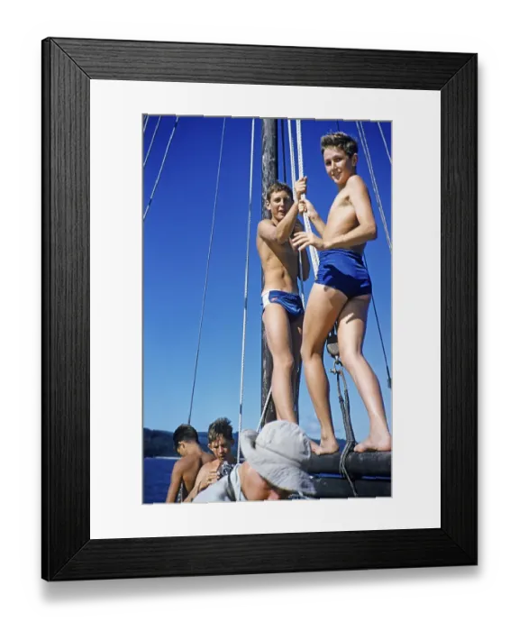 Framed Print : Melbourne Grammar School expedition to Queensland, Australia, 1956 Boys on a sailing yacht thought to be the Whitsunday Islands, Oceania