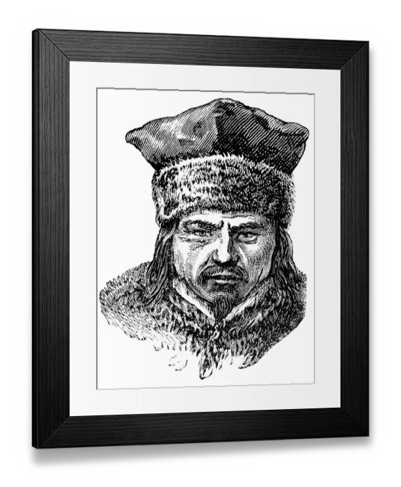 Framed Print : Portrait of a Lapp or Sami with fur cap and fur collar, adult from the front, face, chin beard, long hair, North Scandinavia, historical illustration 1888 Framed Print : Portrait of a Lapp or Sami with fur cap and fur collar, adult from the front, face, chin beard, long hair, North Scandinavia, historical illustration 1888