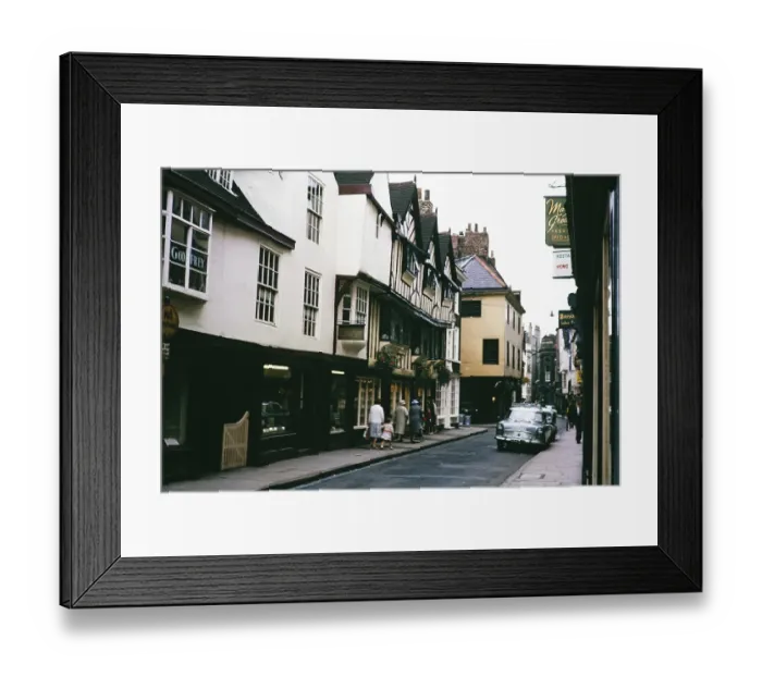 Framed Print : Historic buildings, people and cars on the street, Stonegate, York, Yorkshire, England in 1963 Framed Print : Historic buildings, people and cars on the street, Stonegate, York, Yorkshire, England in 1963