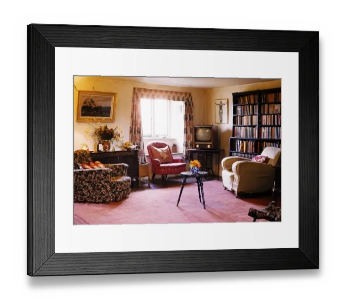 Framed Print : Living room of a holiday home with television and furniture, 1962 Framed Print : Living room of a holiday home with television and furniture, 1962