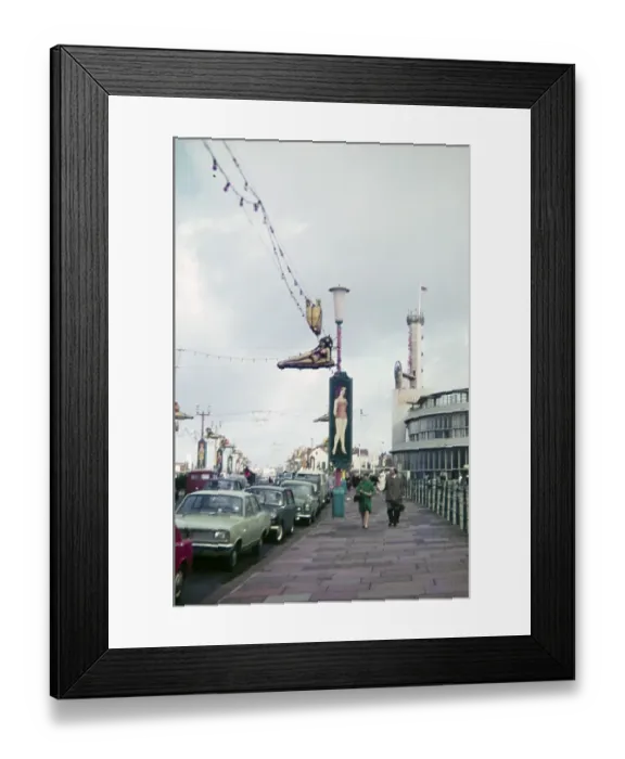 Framed Print : Historic vintage cars parked on the street next to the casino building, Blackpool, Lancashire, England, Great Britain in the 1960s