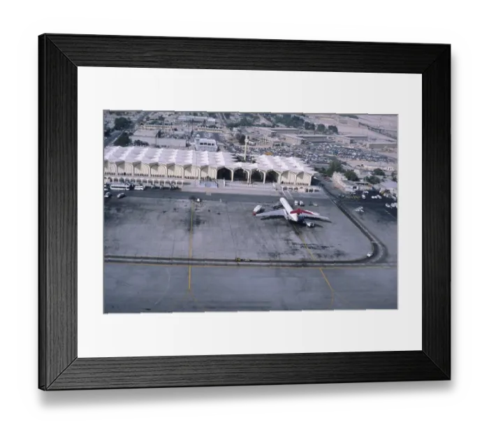 Framed Print : Terminal building of Dhahran International Airport, architect Minoru Yamasaki, completed in 1961, photo 1979, aircraft VC10 from Saudi Arabia Framed Print : Terminal building of Dhahran International Airport, architect Minoru Yamasaki, completed in 1961, photo 1979, aircraft VC10 from Saudi Arabia