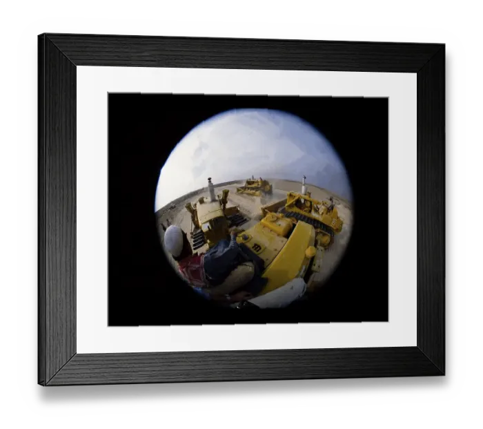 Framed Print : Oil industry in the Ras Tanura area, Saudi Arabia, bulldozers, fisheye photograph 1979, Asia
