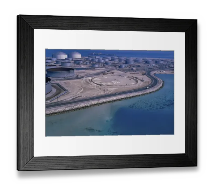 Framed Print : Oil industry in the Ras Tanura area, Saudi Arabia, storage tanks 1979, Asia Framed Print : Oil industry in the Ras Tanura area, Saudi Arabia, storage tanks 1979, Asia