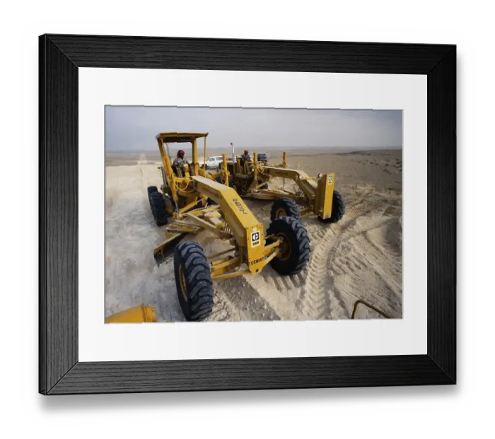 Framed Print : Oil industry in the Ras Tanura area, Saudi Arabia, 14G Tracked vehicles in desert construction 1979, Asia