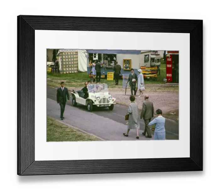 Framed Print : Royal Agricultural Society of England show, The Royal Show, Stoneleigh, Warwickshire, England, UK 1967 thought to be Dickie Henderson in Mini Moke vehicle