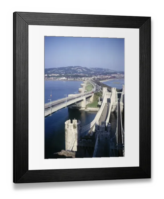 Framed Print : View of the railway bridge over the River Conwy and the Telford Suspension Bridge, Conwy, Anglesey, North Wales, Wales, UK 1966