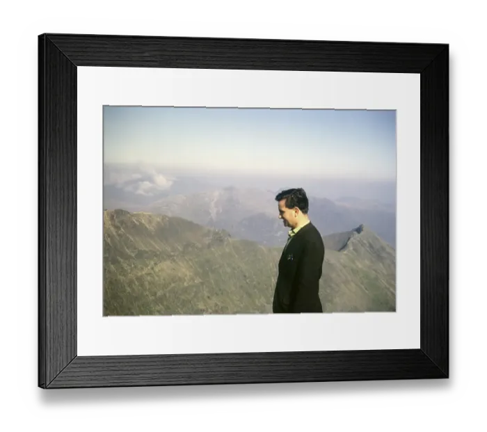 Framed Print : Man looking at the view from the summit of Mount Snowdon, Snowdonia, North Wales, Great Britain 1966
