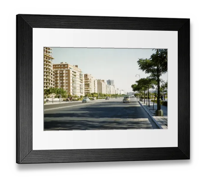 Framed Print : Wide quiet avenue with few cars in modern suburban housing area of flat blocks, Madrid, Spain 1959 Framed Print : Wide quiet avenue with few cars in modern suburban housing area of flat blocks, Madrid, Spain 1959