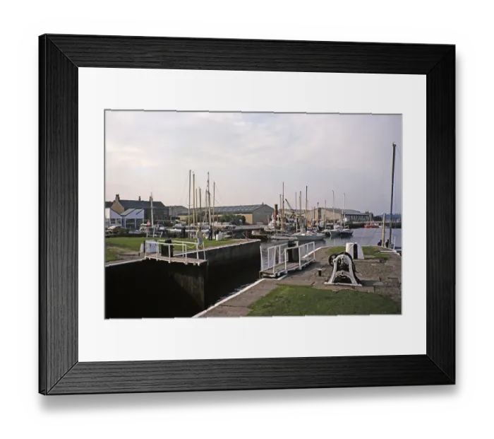 Framed Print : Lock gates and yachts, Glasson dock basin, Lancashire, England, UK 1977 Framed Print : Lock gates and yachts, Glasson dock basin, Lancashire, England, UK 1977