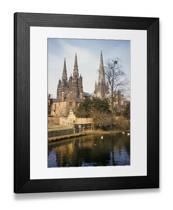 Framed Print : Church of Lichfield Cathedral from the Minster Pool, Lichfield, Staffordshire, England, United Kingdom, early 1960s, Europe