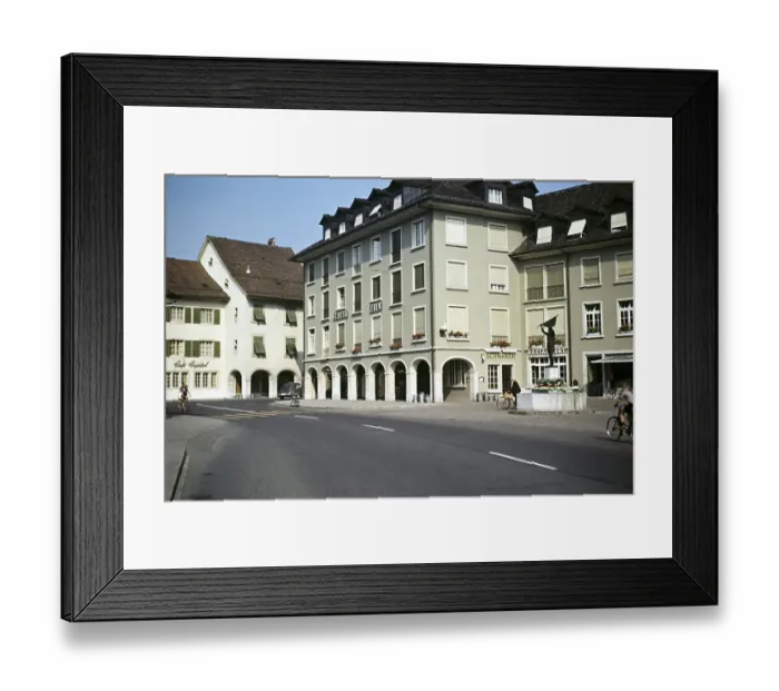Framed Print : Historic buildings and Dornach fountain with statue, Dornach fountain, Rossmarktplatz, Solothurn, Switzerland, July 1959, Europe Framed Print : Historic buildings and Dornach fountain with statue, Dornach fountain, Rossmarktplatz, Solothurn, Switzerland, July 1959, Europe