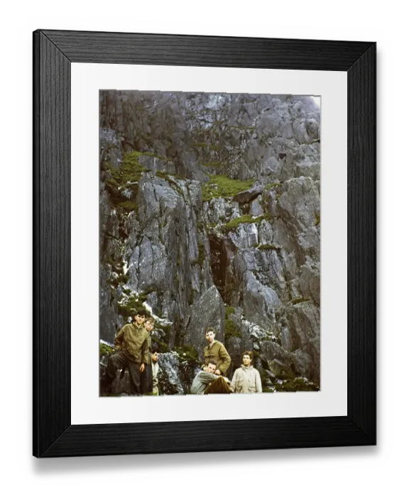 Framed Print : Group of young male climbers standing on rocks, probably North Wales, Great Britain, around 1958 Framed Print : Group of young male climbers standing on rocks, probably North Wales, Great Britain, around 1958