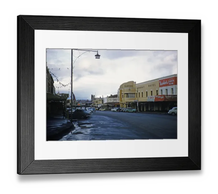 Framed Print : Cars parked on a wide street in the city centre, Ararat Hotel, Barkly Street, Ararat, Victoria, Australia 1956