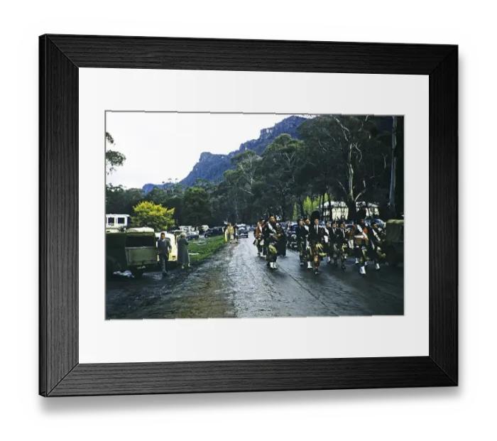 Framed Print : Scottish marching band with bagpipers in the Grampians National Park, Victoria, Australia 1956, probably in Halls Gap