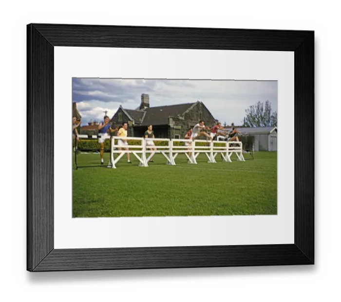 Framed Print : Sports Day Athletics events Melbourne Grammar School, Melbourne, Victoria, Australia 1956 Hurdles for boys Framed Print : Sports Day Athletics events Melbourne Grammar School, Melbourne, Victoria, Australia 1956 Hurdles for boys