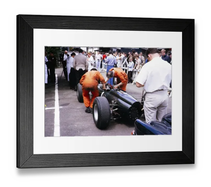 Framed Print : Graham Hill BRM P261 race car mechanic at work, Grand Prix of Belgium 1964, Spa, Belgium, Raymond Mays in the background, Europe