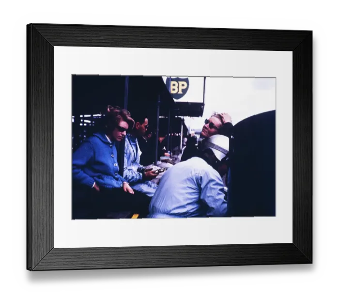 Framed Print : Pat Coundley and Mary de Selincourt, John Coundley in helmet, Goodwood BARC race on 18 May 1963, John Coundley Racing Partnership