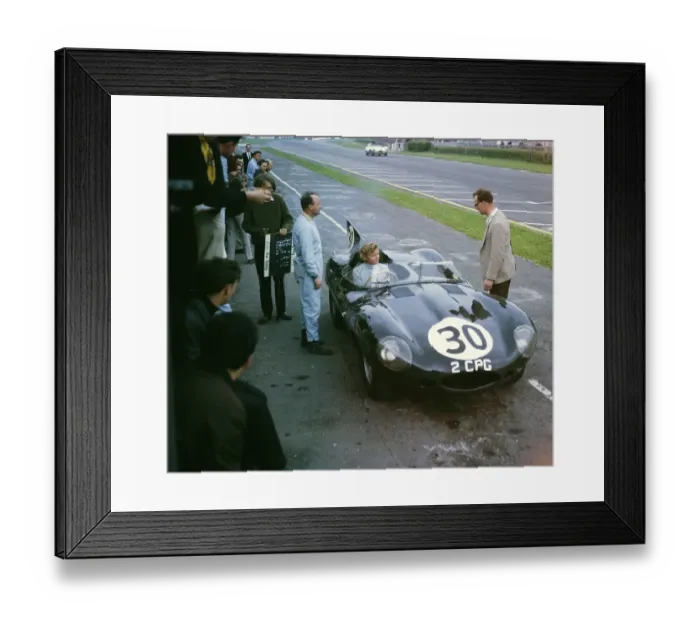 Framed Print : Whitsun Sports Car Race 3 June 1963, Pat Coundley in car, John Coundley standing, Jaguar D Type, Goodwood, England, UK
