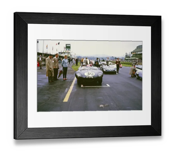 Framed Print : Whitsun Sports Car Race 3 June 1963, John Coundley in the Jaguar D Type on the starting line, Goodwood, England, UK Pat Coundley standing
