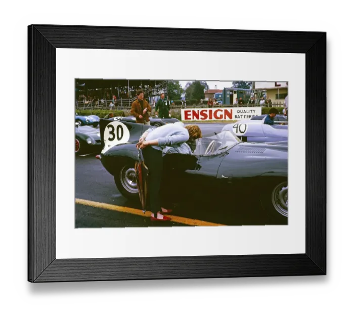 Framed Print : Whitsun sports car race on 3 June 1963, John Coundley in the Jaguar D Type on the starting line, Goodwood, England, UK, his wife Pat leans forward