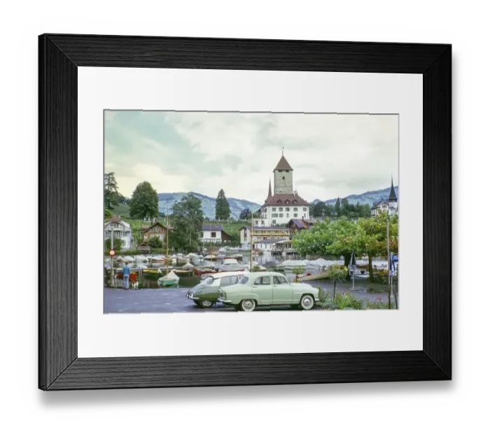 Framed Print : Cars parked next to boats, Spiez Castle on Lake Thun, Thun, Bernese Oberland region, Switzerland, Europe 1963, Europe