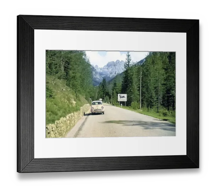 Framed Print : Advert poster for Supercortemaggiore petrol gas, Cristallion di Misrina, Dolomites, Dolomite Mountains, Italy, Europe, Austin Cambridge A50 car British group overland trip, 1956 colourised Ektachrome slide, Europe Framed Print : Advert poster for Supercortemaggiore petrol gas, Cristallion di Misrina, Dolomites, Dolomite Mountains, Italy, Europe, Austin Cambridge A50 car British group overland trip, 1956 colourised Ektachrome slide, Europe