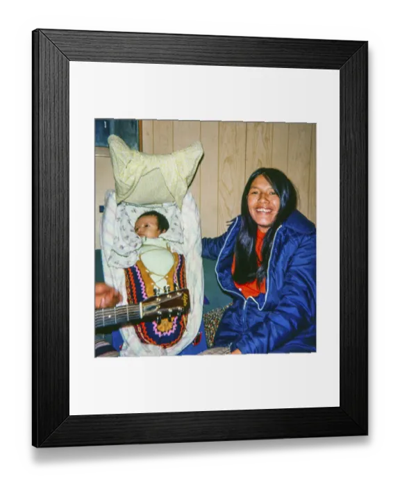 Framed Print : Ojibway community of Webequie First Nation, Eastwood Island, Northern Ontario, Canada 1978 Mother with baby in cradlewood wagon