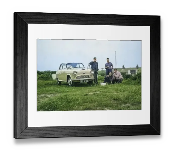 Framed Print : Four men with picnic teacups by Austin Cambridge A40 car starting overland drive adventure across Europe, England, UK 1956 colourised Ektachrome slide