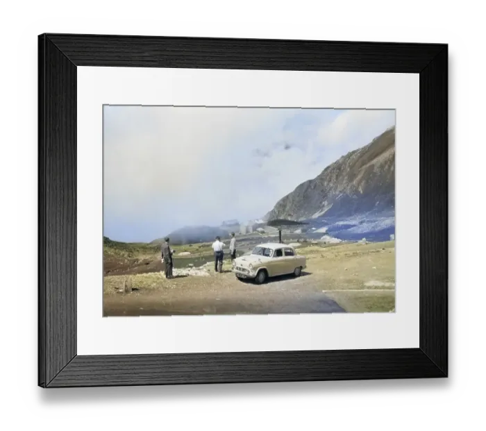 Framed Print : Wilfried-Haslauer-Haus or Haus Alpine Naturschau, Grossglockner High Alpine Road, Hohe Tauern National Park, Salzburger Land, Austria, Europe 1956 British Austin Cambridge A40 car overland adventure trip colourised Ektachrome slide, Europe