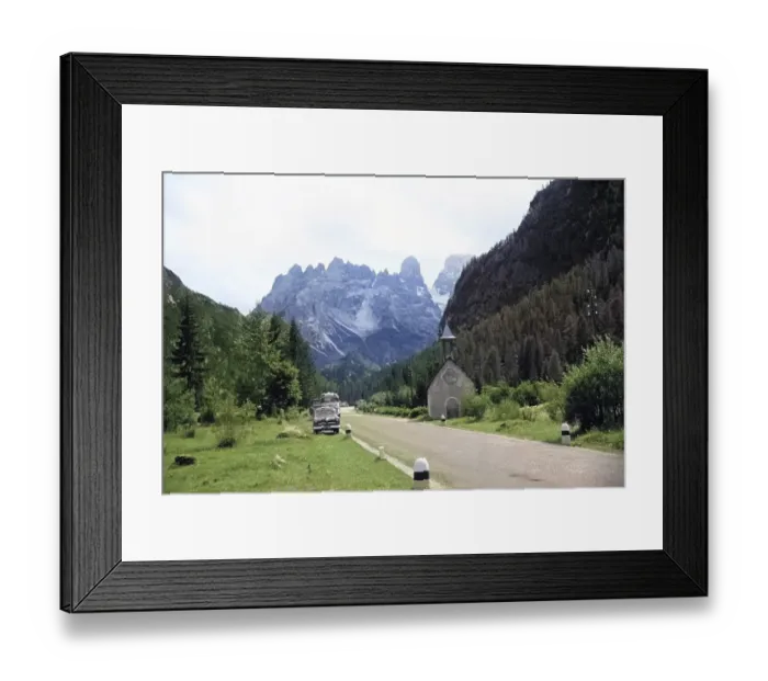 Framed Print : Road view to Cristallion di Misrina, Dolomites, Dolomite Mountains, Italy, Europe, c 1956 colourised Ektachrome slide, Europe