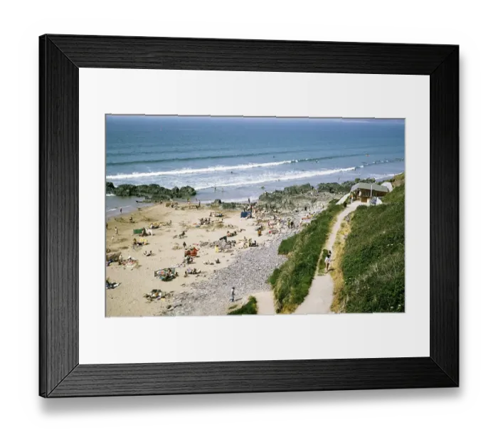 Framed Print : Summer beach, probably Putsborough Beach, North Devon, England, Great Britain 1974