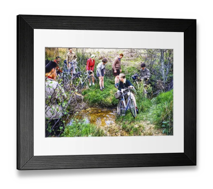 Framed Print : A group of cyclists cross a small river on their bicycles, probably in Kent, England, UK 1956 Framed Print : A group of cyclists cross a small river on their bicycles, probably in Kent, England, UK 1956